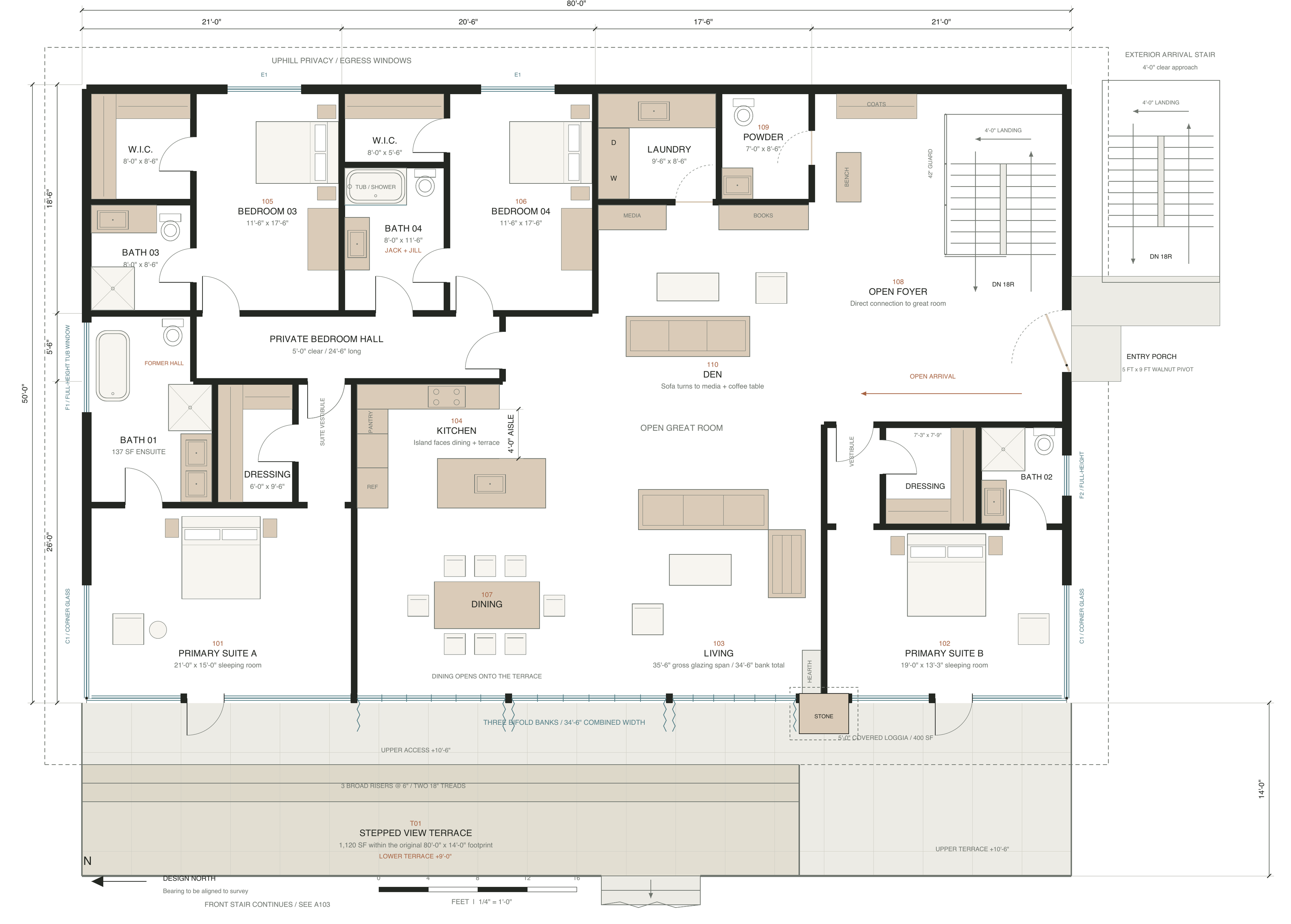 Illustrative Revision 03 main-level concept: two primary corner suites, two guest bedrooms, kitchen behind terrace dining, living at right, den and open stair